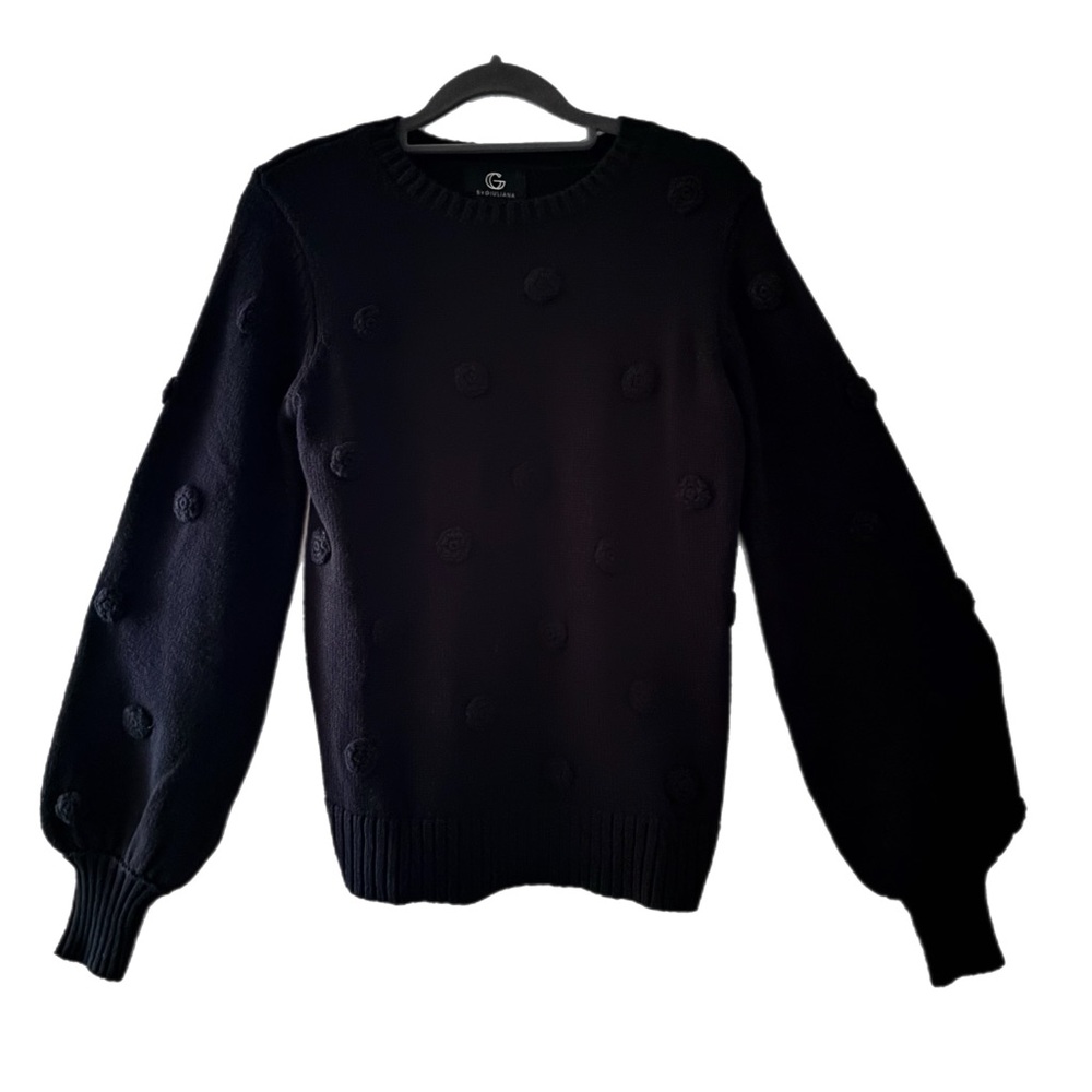 G by Giuliana Black Crew Neck Sweater with Textured flowers NWOT